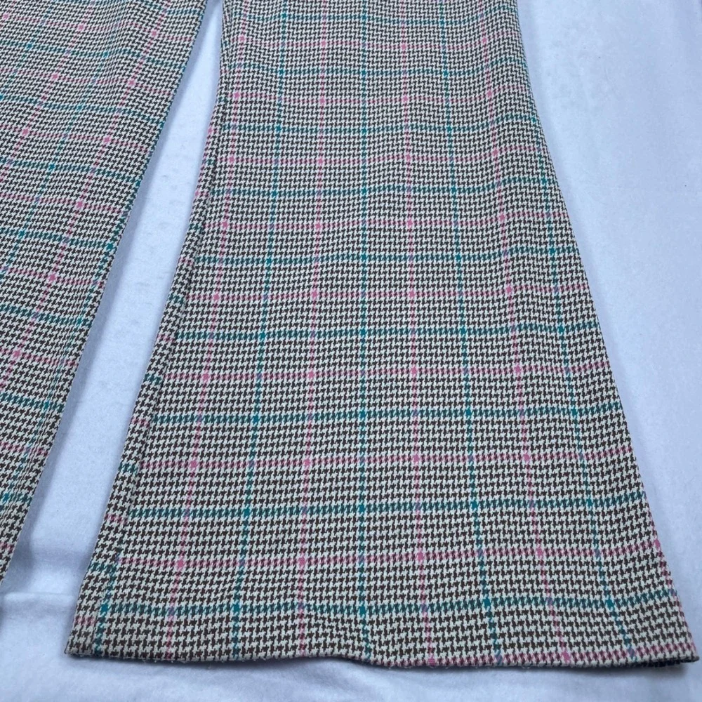 Crown & Ivy Womens Pink Teal Houndstooth Plaid Wide Leg Trousers Size 14